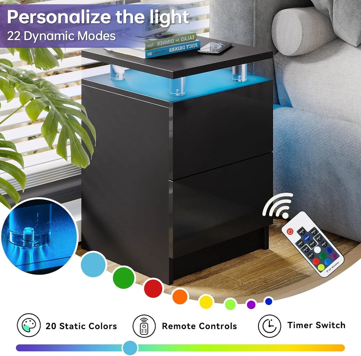 Modern Nightstand with RGB LED Light & Remote, 2 Drawers – Black or White