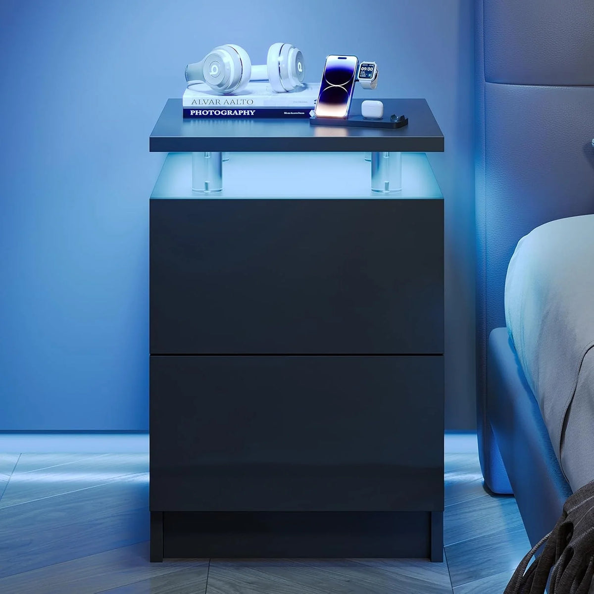 Modern Nightstand with RGB LED Light & Remote, 2 Drawers – Black or White