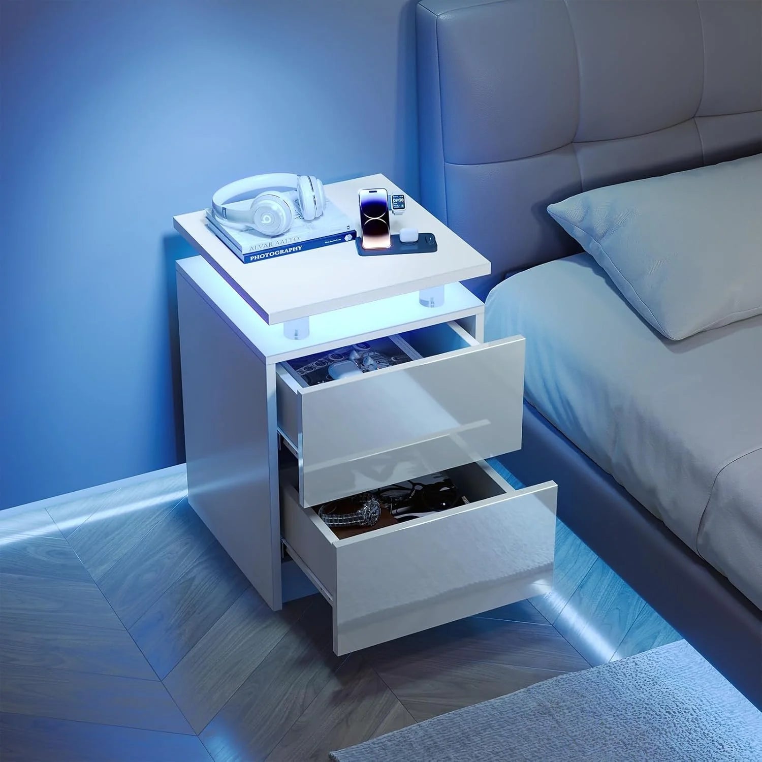 Modern Nightstand with RGB LED Light & Remote, 2 Drawers – Black or White