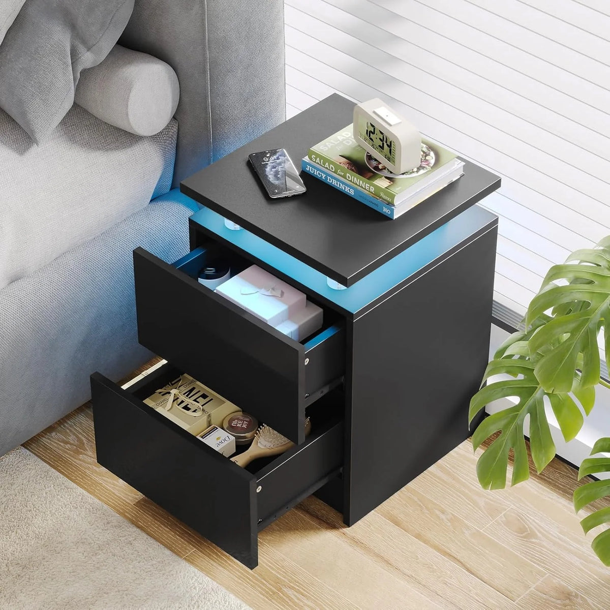 Modern Nightstand with RGB LED Light & Remote, 2 Drawers – Black or White