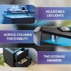 Modern Nightstand with RGB LED Light & Remote, 2 Drawers – Black or White