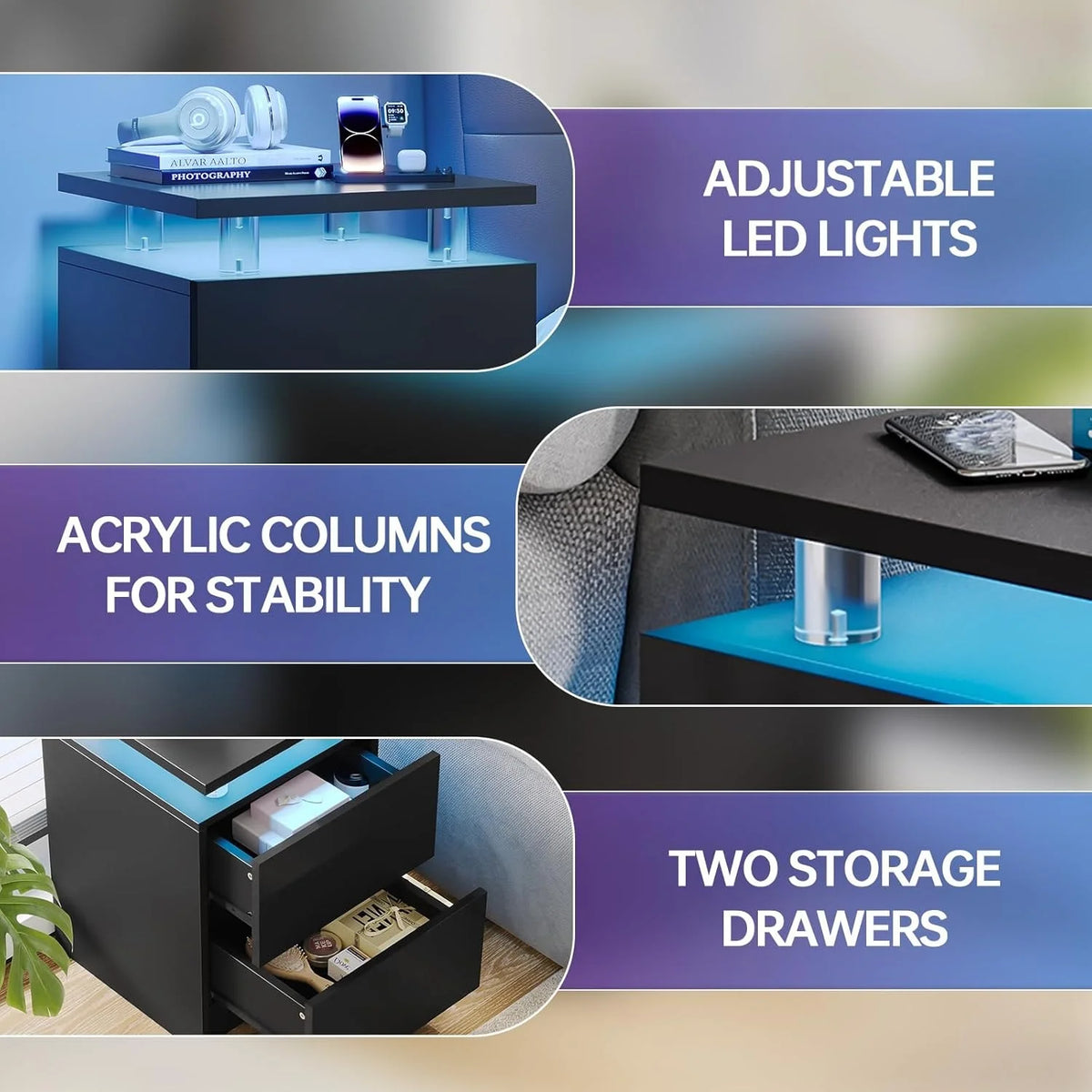 Modern Nightstand with RGB LED Light & Remote, 2 Drawers – Black or White