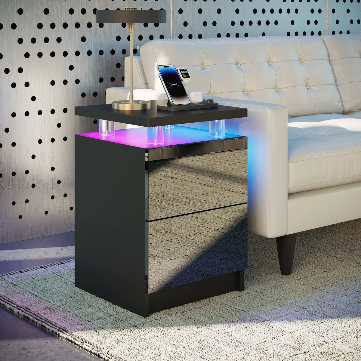 Modern Nightstand with RGB LED Light & Remote, 2 Drawers – Black or White