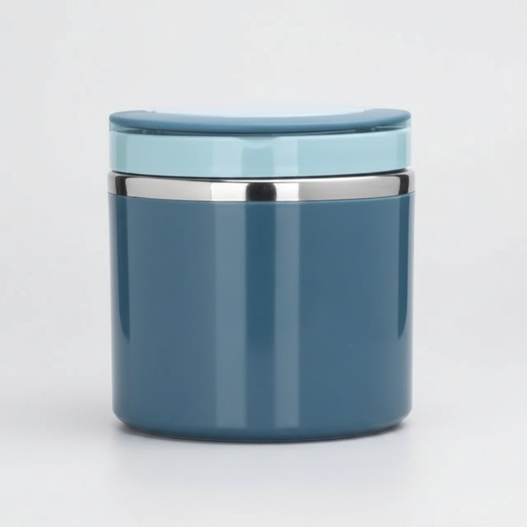 Blue cylindrical container with a light blue lid on a white background