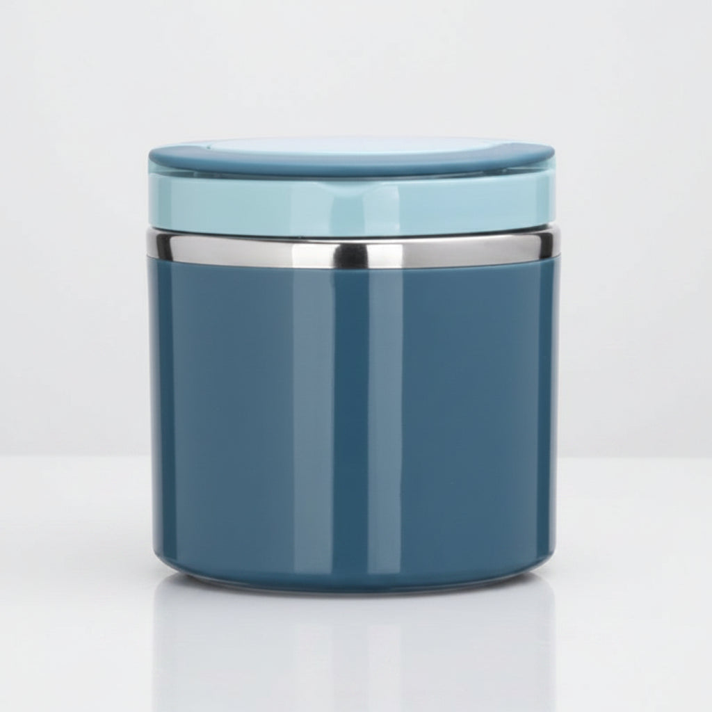Blue cylindrical container with a light blue lid on a white background
