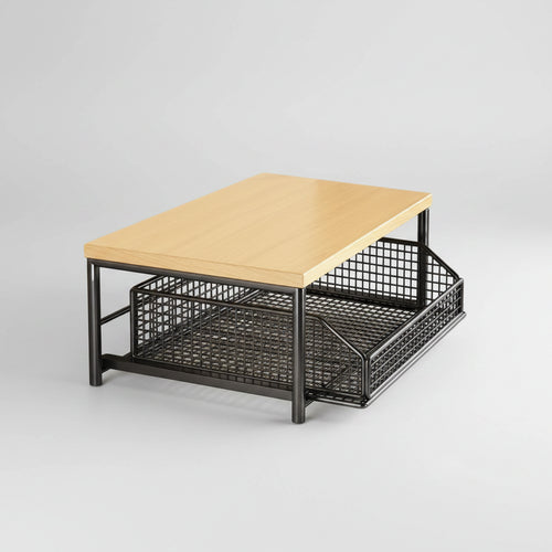 Coffee table with a wooden top and metal mesh storage below on a white background