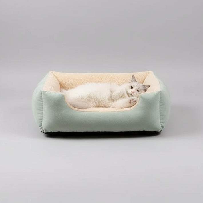Comfortable pet bed with fluffy interior on a soft surface, labeled 'Comfortable and soft'.
