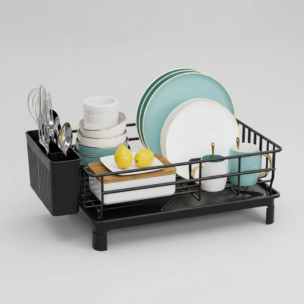 Dish drying rack with plates, bowls, and utensils on a kitchen counter.