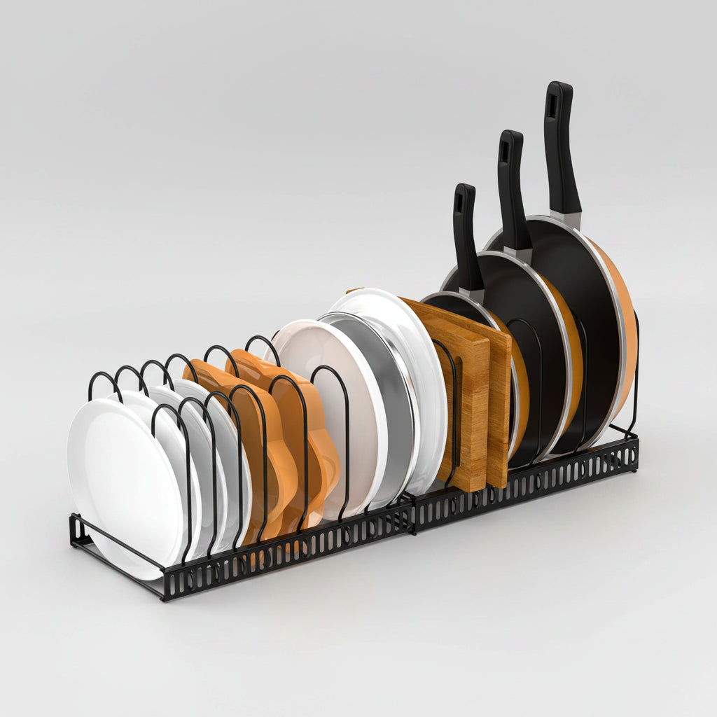 Dish rack with plates, bowls, and frying pans on a white background