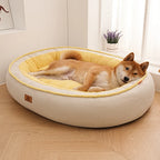 Dog lying on a round, cushioned pet bed with yellow interior in a room with light wood flooring and a window.