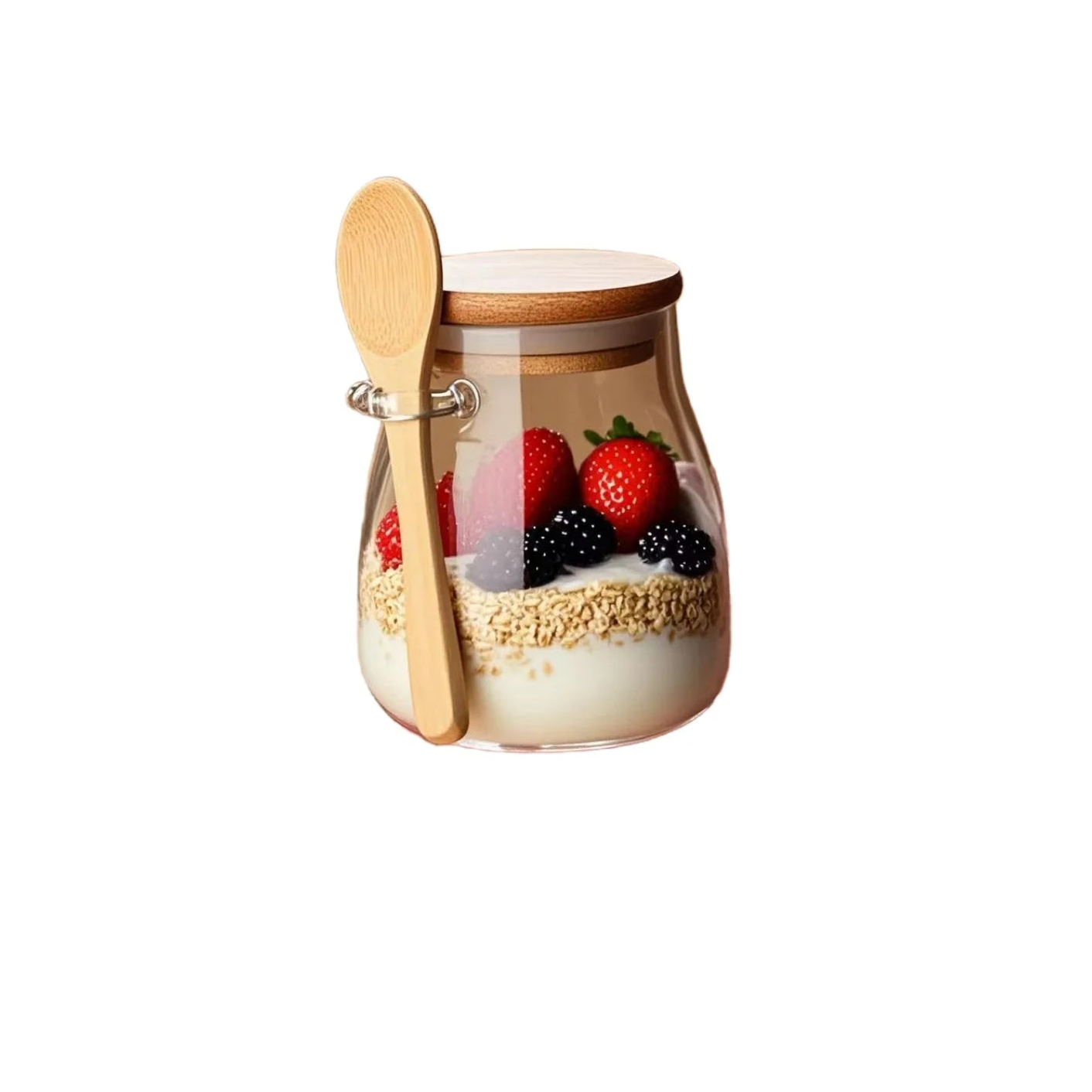Glass jar with wooden spoon and berries on a white background