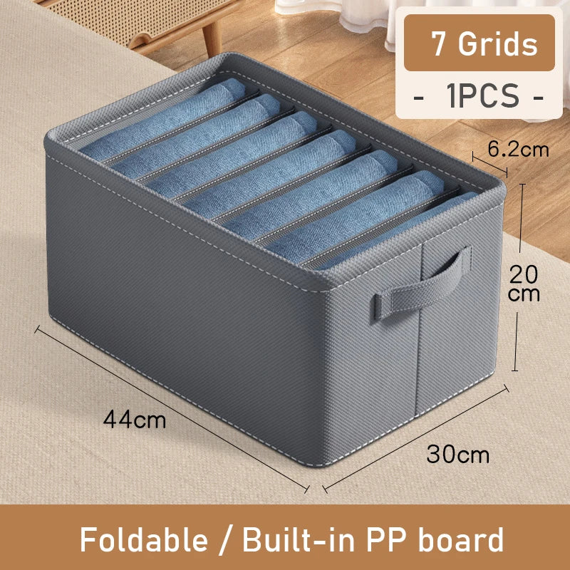 Gray storage box with blue items, dimensions, and features on a wooden floor.