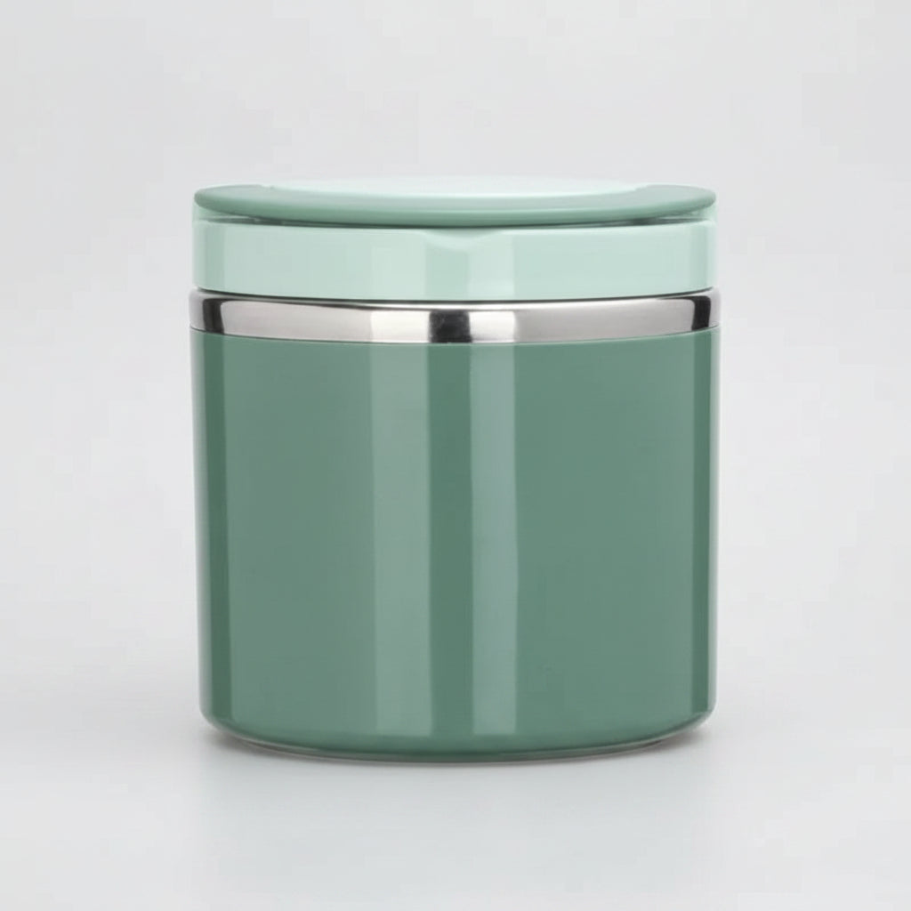 Green thermos container with silver lid on a white background