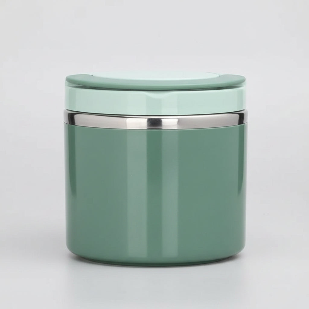 Green thermos with dimensions labeled on a white background