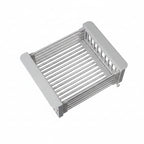Large metal slotted spoon holder with dimensions on a white background