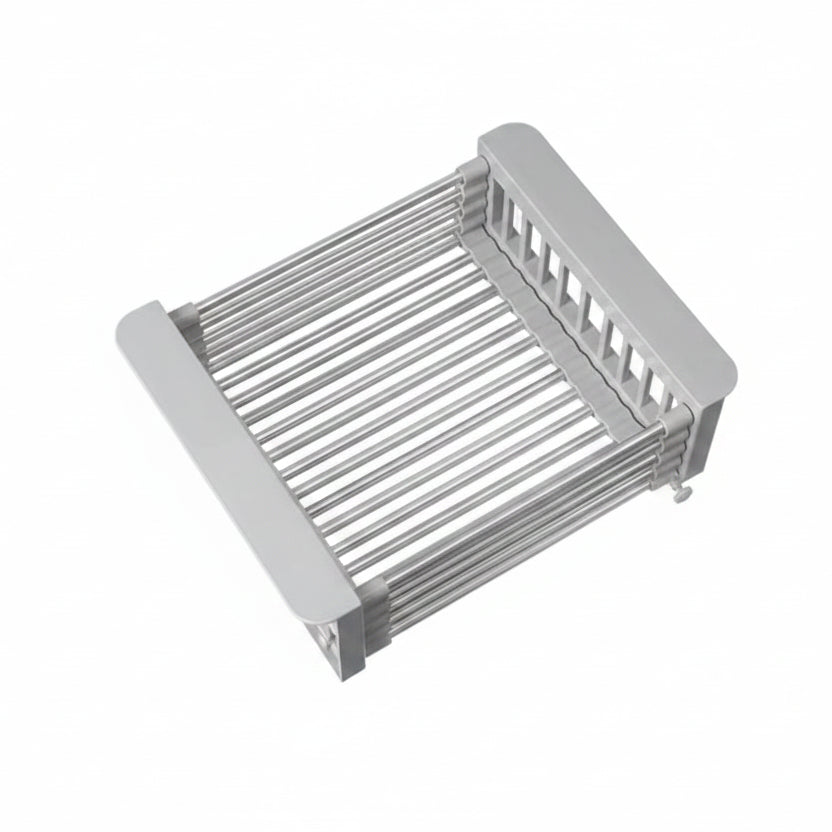 Large metal slotted spoon holder with dimensions on a white background
