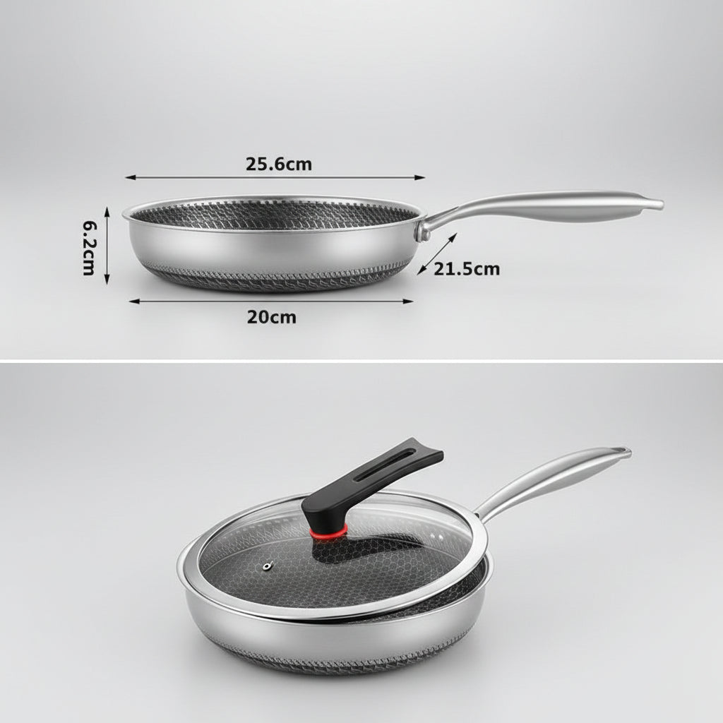 Measurement chart of a frying pan with dimensions labeled