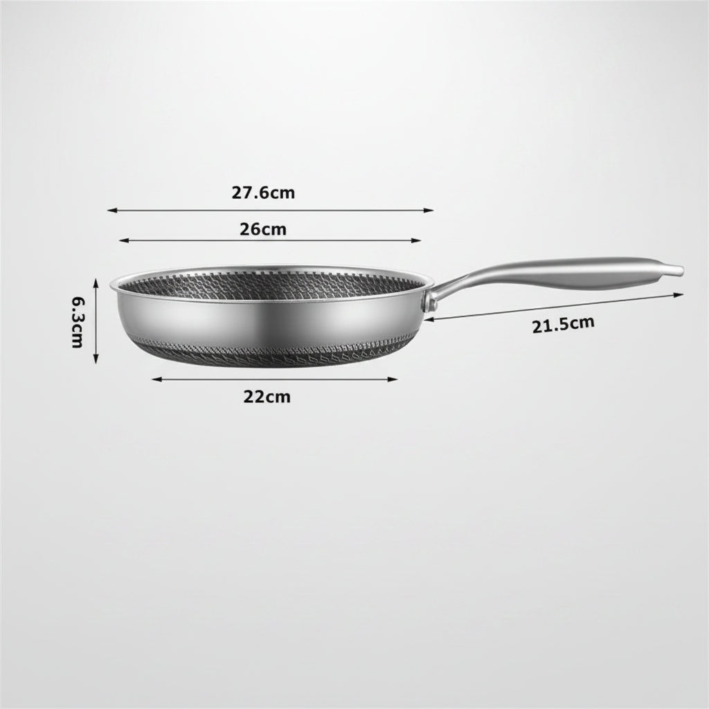 Measurement chart of a frying pan with dimensions labeled on a white background