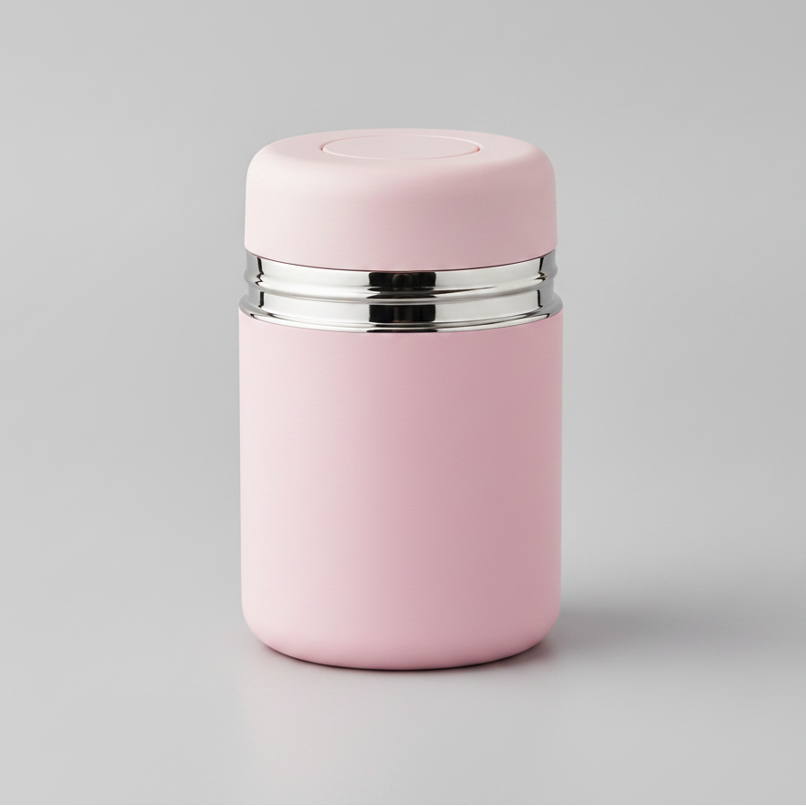 Pink container with silver lid on a white background