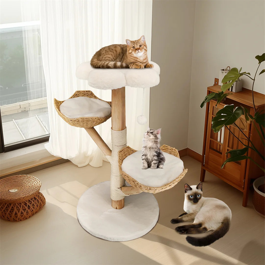 Three-Tier Cat Tree Tower | Natural Willow Wood | Sisal Scratching Post | Beige