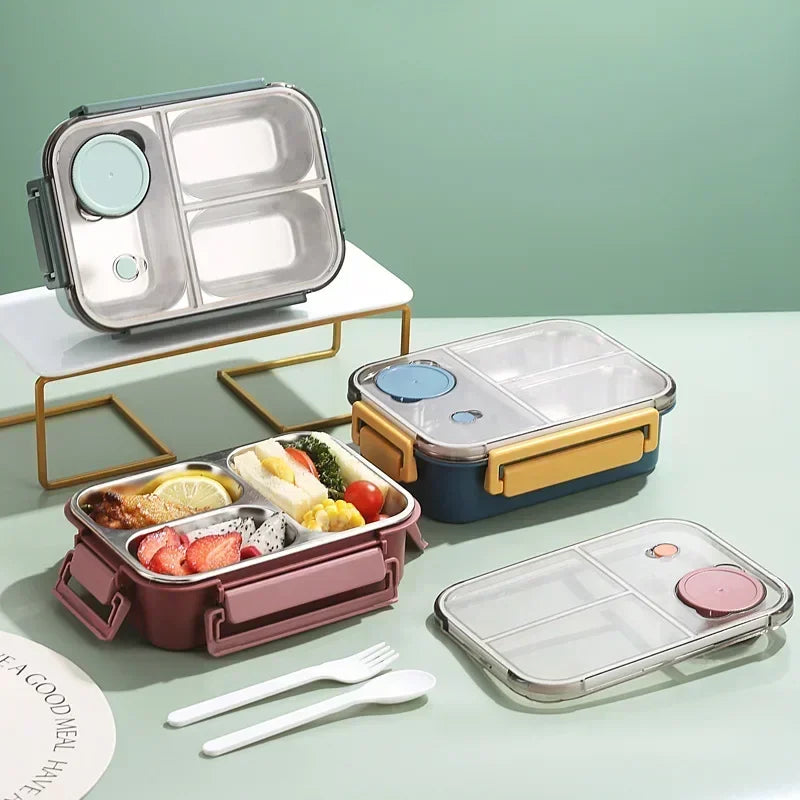 850ml Insulated Stainless Steel Lunch Box – 2 or 3 Grid Bento Box for Kids & Adults, Red, Blue or Green