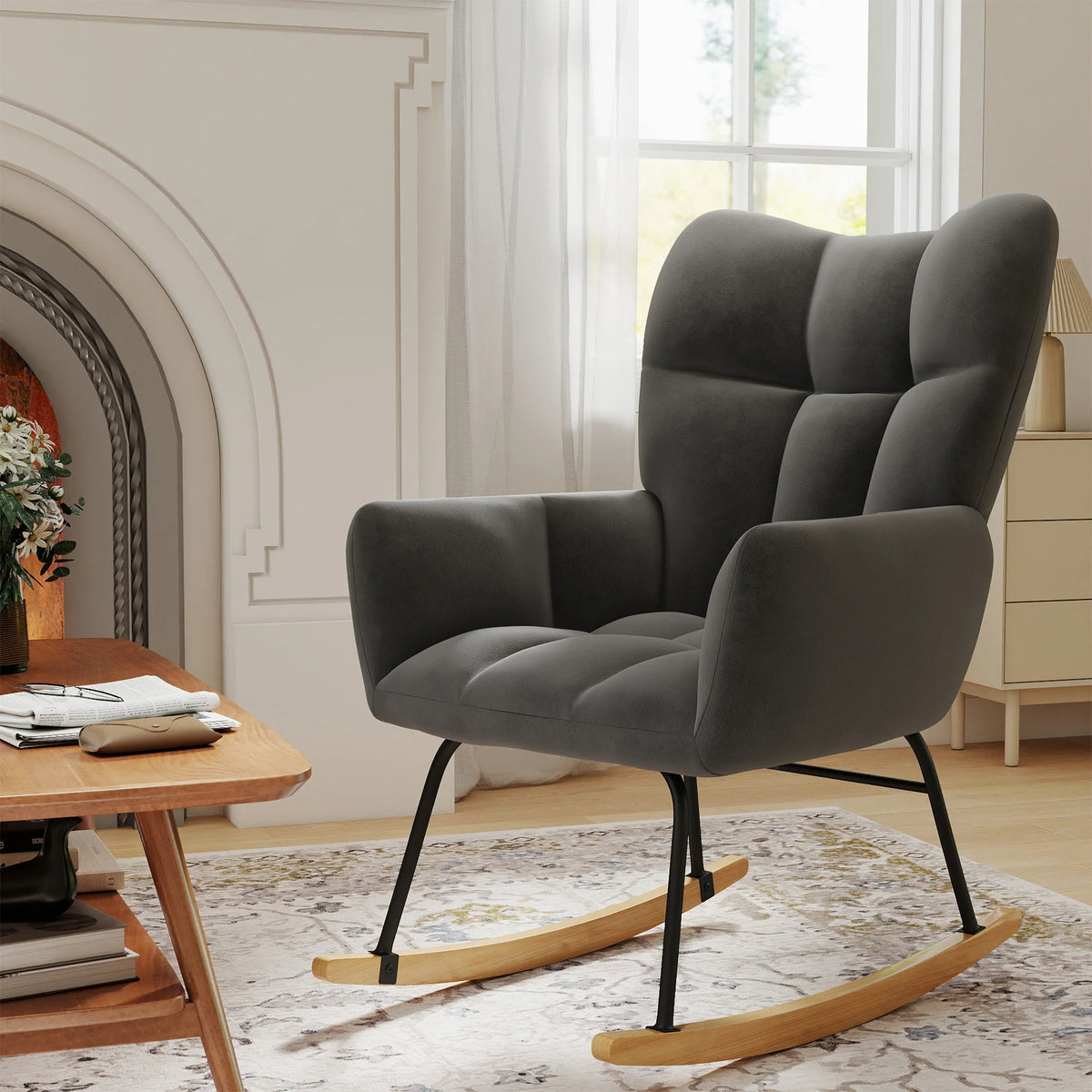 High Back Nursery Rocking Chair | Metal Frame | Sherpa Cover | Anti-Tip | 10-Min Assembly | 4 Colours