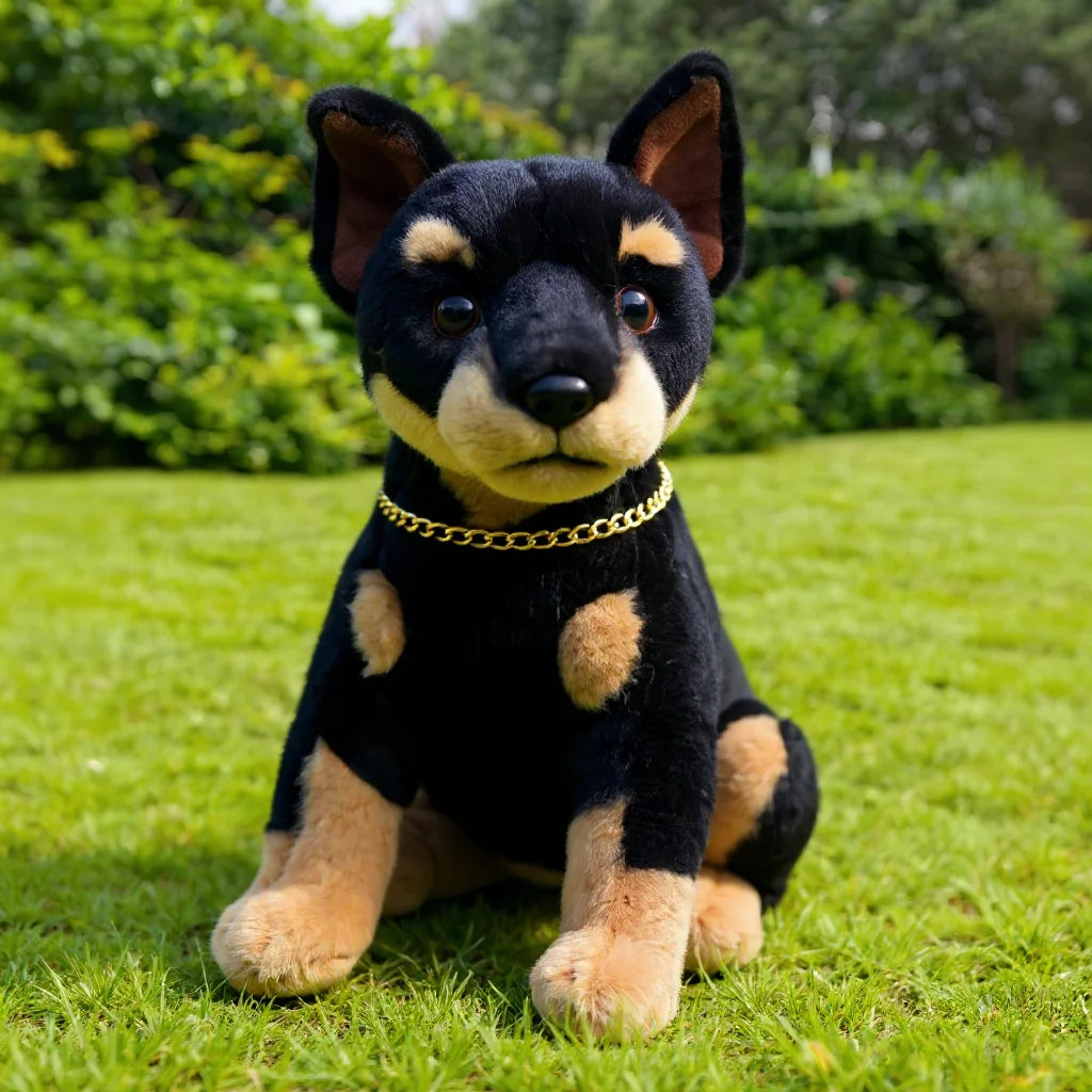 Lifelike Doberman Pinscher Puppy Plush Stuffed Toy | Black & Tan | Gold Chain Collar | Simulation Velvet | 30cm