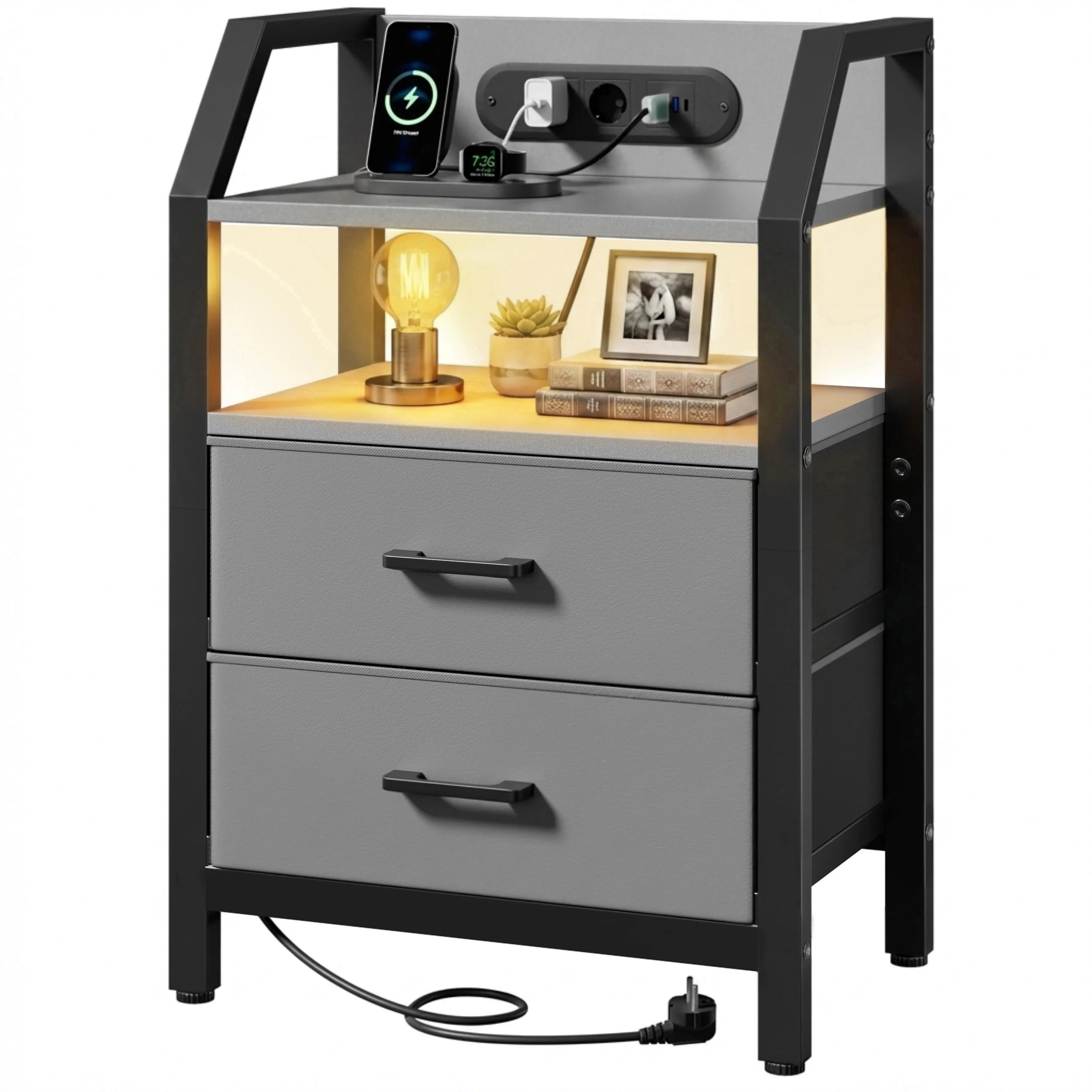 3-Tier Bedside Table with Charging Station, LED Light & Drawers – White, Black, Brown or Grey
