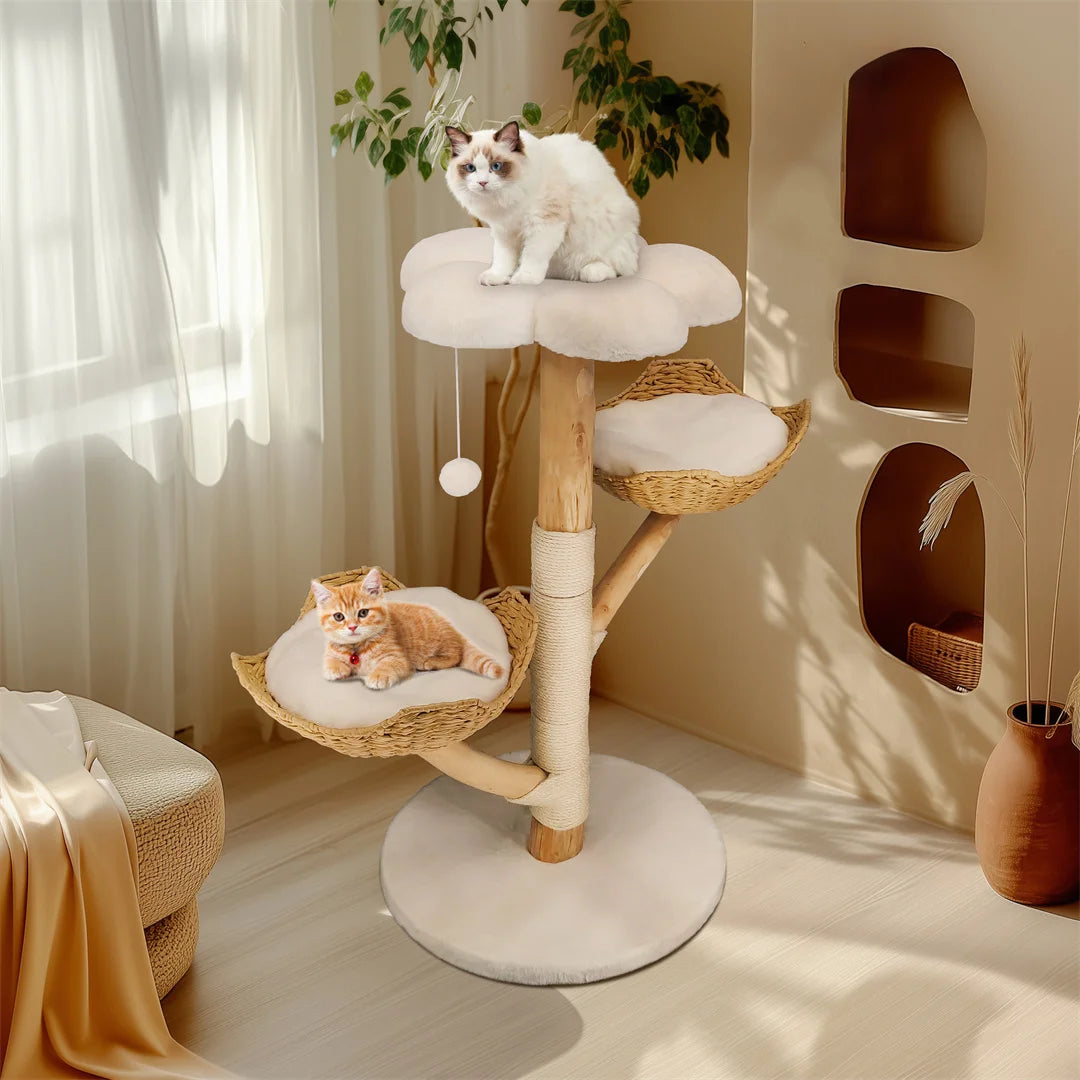 Three-Tier Cat Tree Tower | Natural Willow Wood | Sisal Scratching Post | Beige