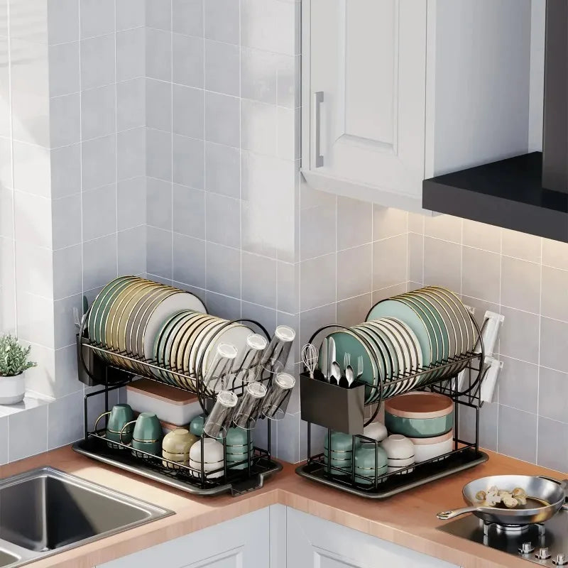 2-Tier Dish Drying Rack with Drain Board – Large Capacity Kitchen Countertop Drainer