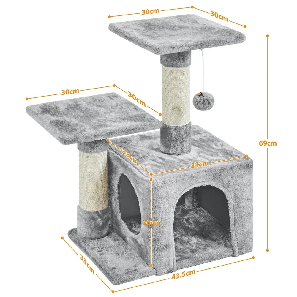 Cat Tree 69cm – 3-Tier with Condo, Platforms, Scratching Posts & Dangling Ball
