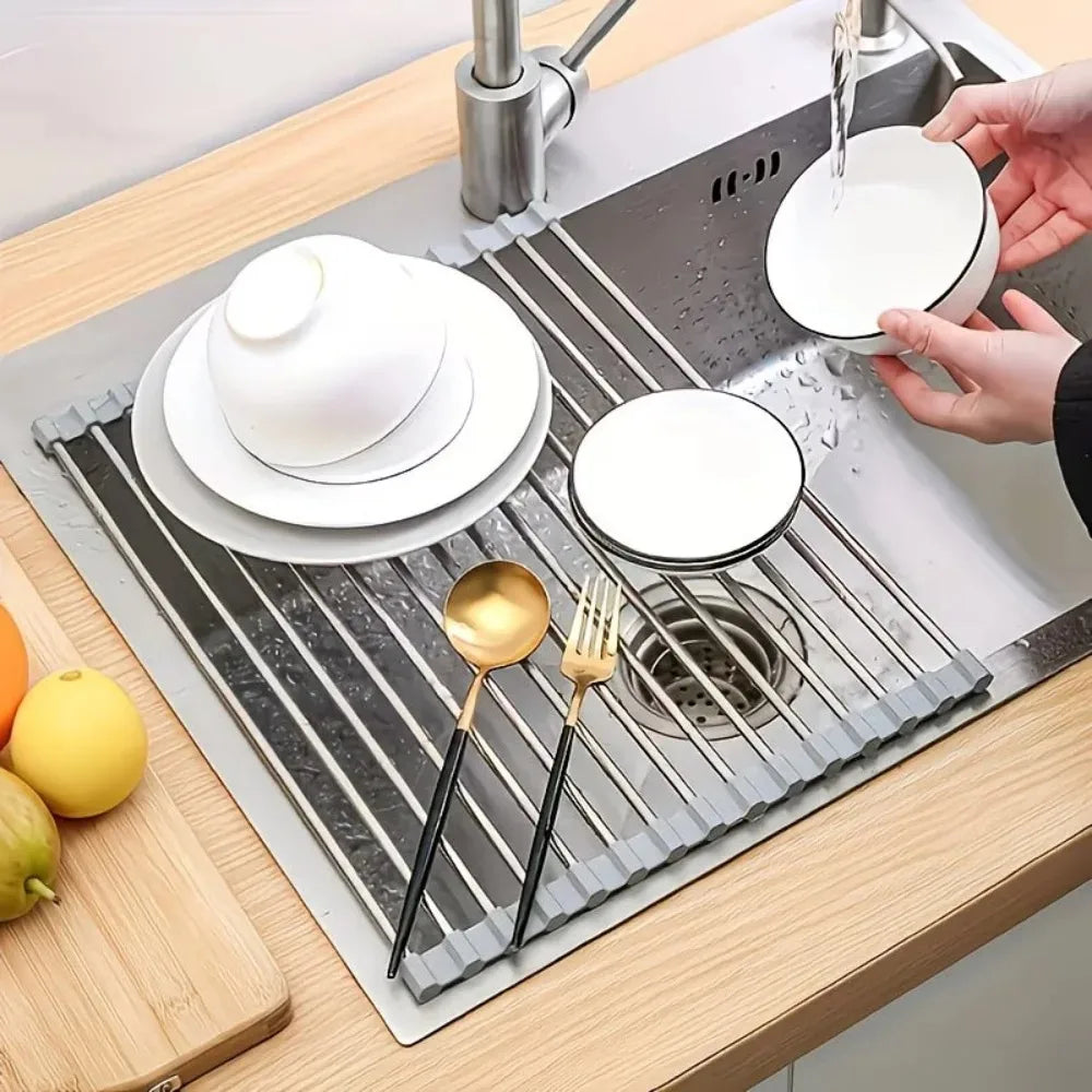 Roll-Up Stainless Steel Sink Drying Rack – Foldable Dish & Vegetable Drainer, 3 Sizes