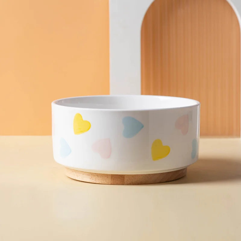 Ceramic Dog & Cat Bowl with Wooden Mat | Wide Mouth | 18 Styles