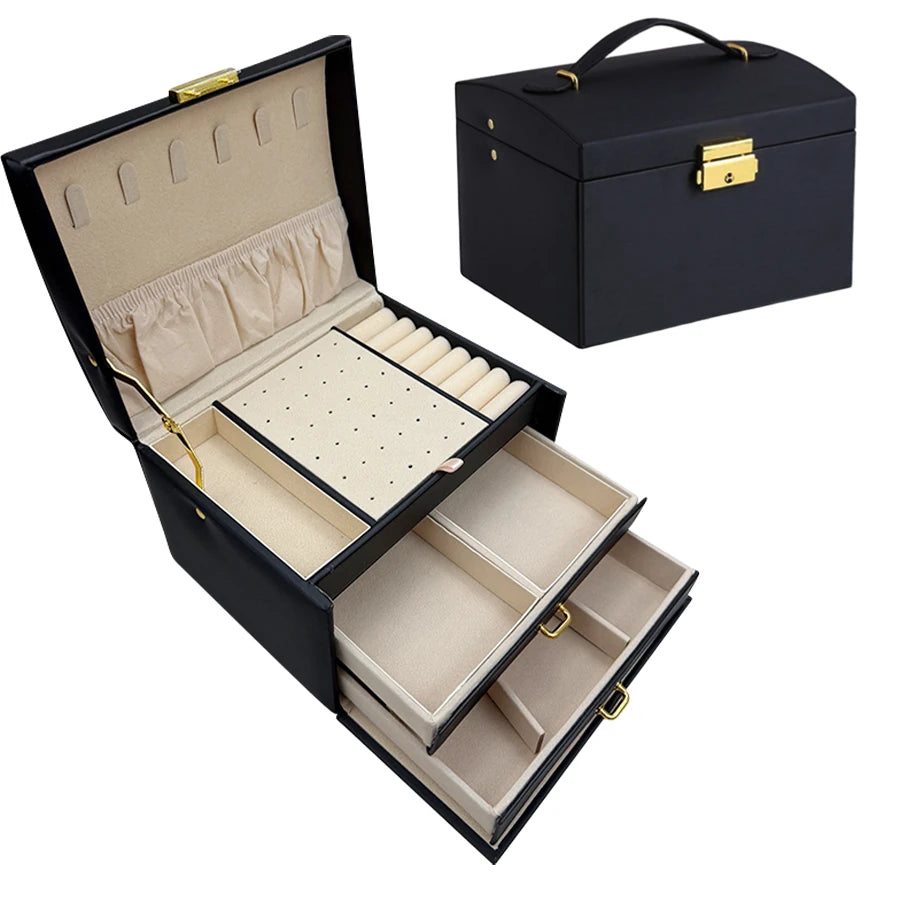 Three-Layer Locking Jewellery Box with Arch Lid – Faux Leather, Velvet Interior, 4 Colours