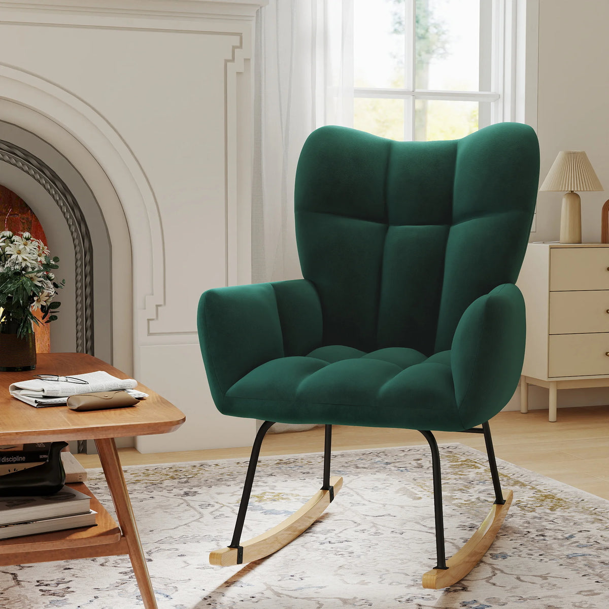 High Back Nursery Rocking Chair | Metal Frame | Sherpa Cover | Anti-Tip | 10-Min Assembly | 4 Colours