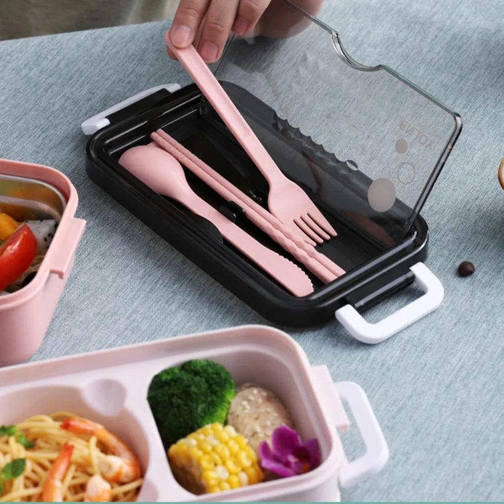 Double-Layer Lunch Box with Cutlery – 1400ml Leakproof Compartment Food Box, Pink, Green or Blue