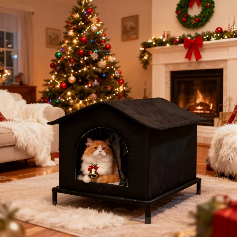 Insulated Cat House with Raised Stand and Cushion