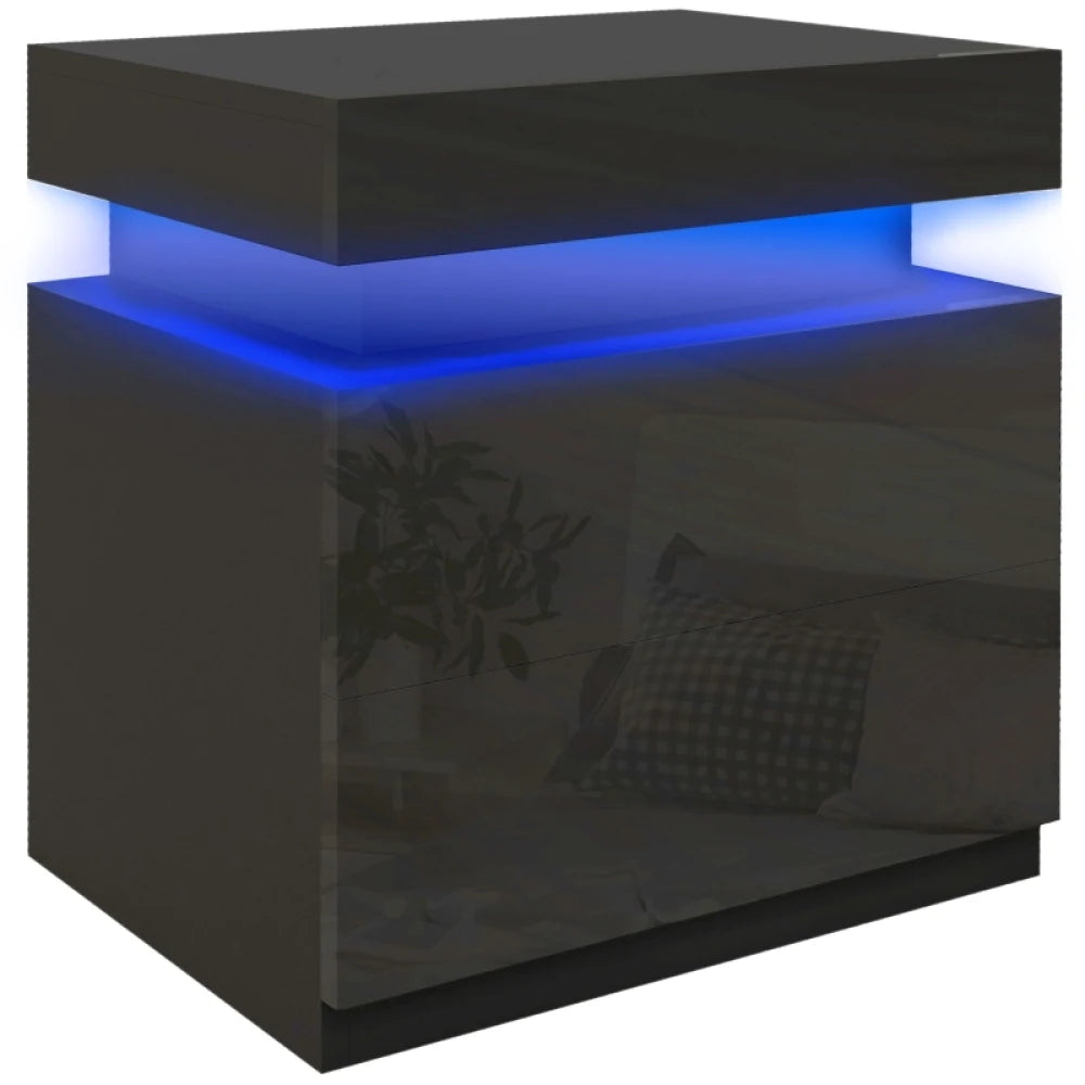 LED Lighted Nightstand with 2 Drawers – Black High Gloss Bedside Table