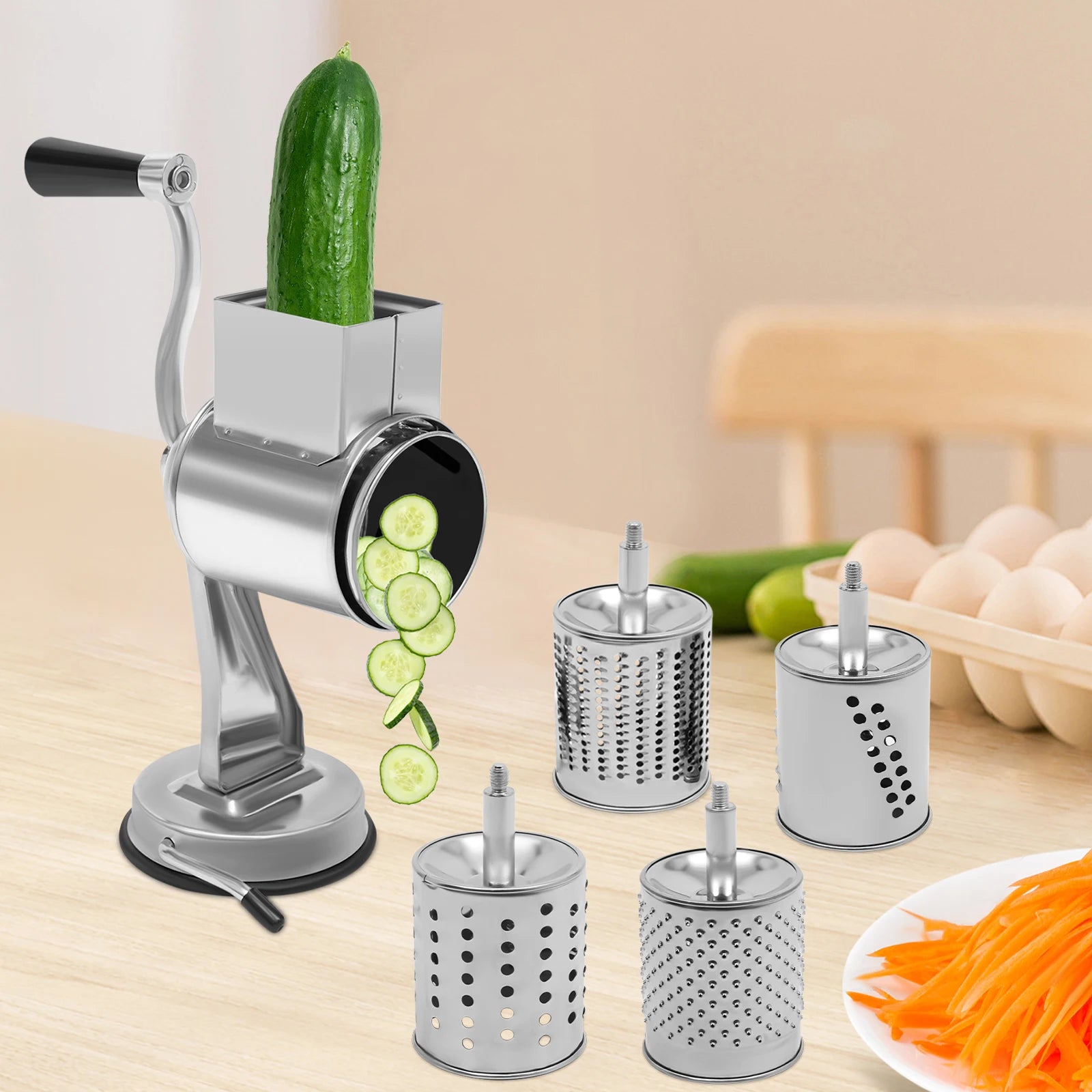 Rotary Grater with 5 Stainless Steel Blades – Manual Vegetable Slicer & Cheese Grater