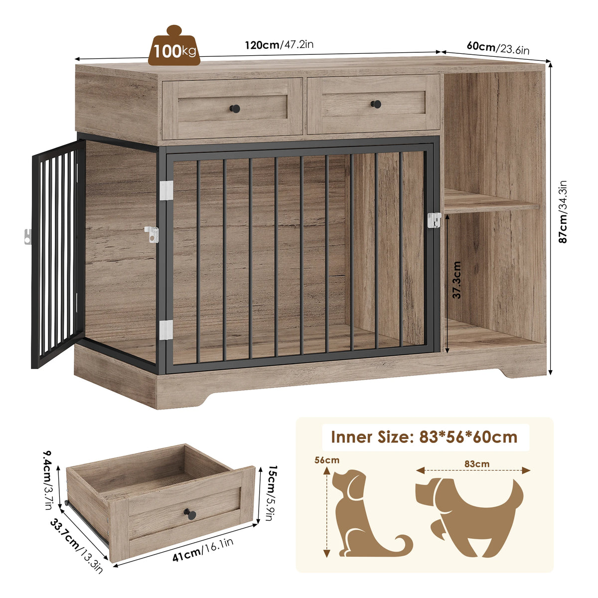 Wooden Dog Crate Furniture Cabinet – 120cm XXL Indoor Kennel with Drawers & Compartments