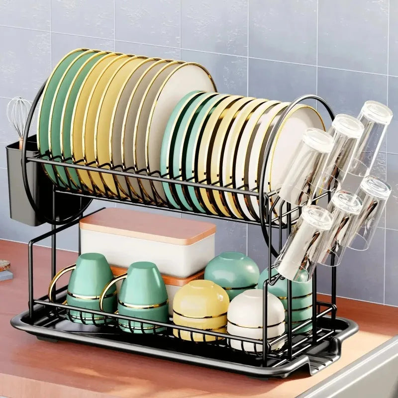 2-Tier Dish Drying Rack with Drain Board – Large Capacity Kitchen Countertop Drainer