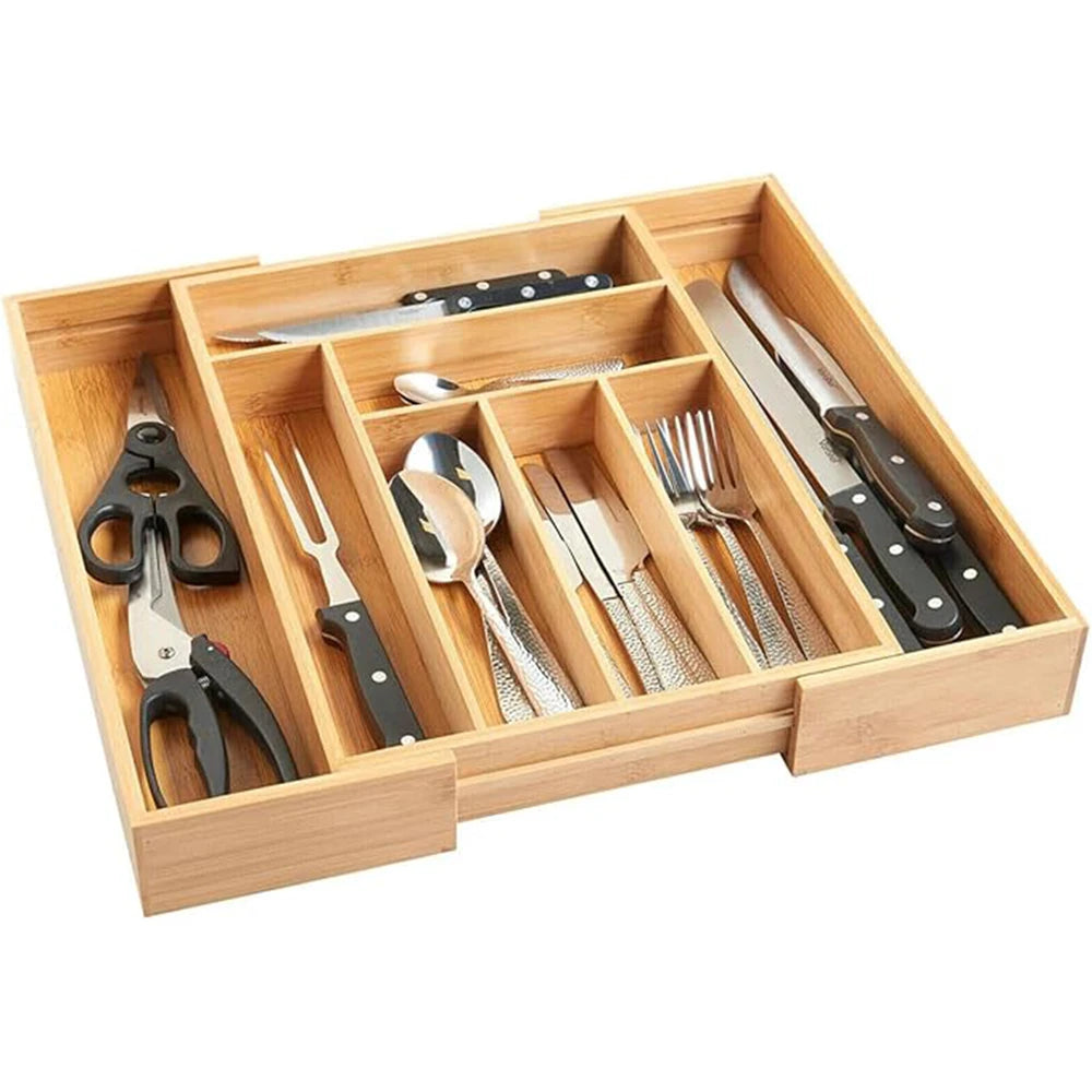 Expandable Bamboo Cutlery Tray – 6–8 Compartment Kitchen Drawer Organiser, 32–52cm