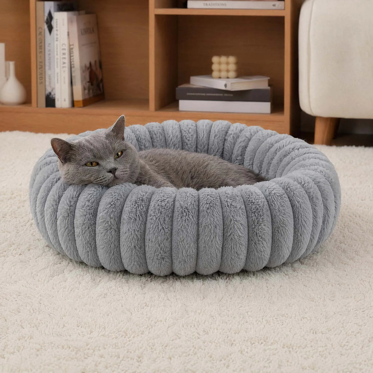 Round Donut Cat Bed | Ultra Soft Plush Pet Nest | Anti-Anxiety | 4 Sizes