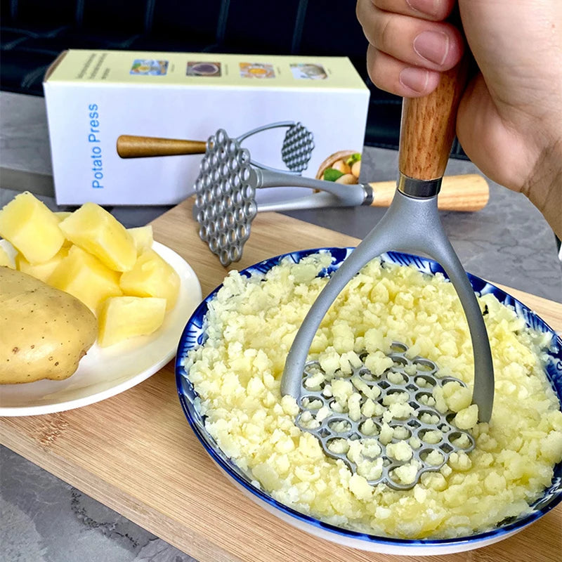 304 Stainless Steel Potato Masher with Natural Wood Handle – For Mash, Baby Food & Fruit