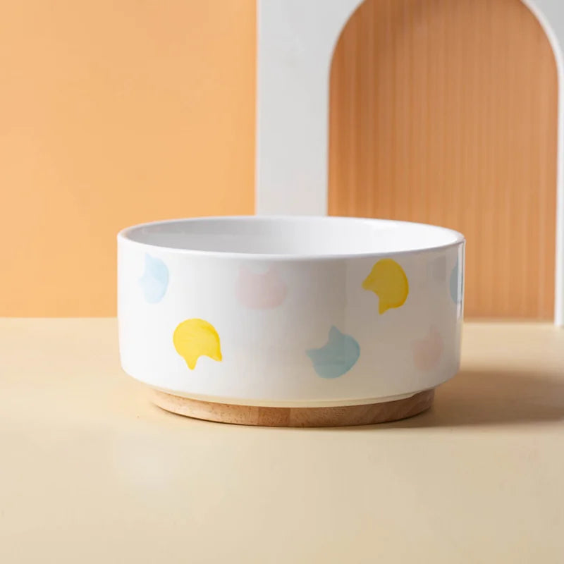 Ceramic Dog & Cat Bowl with Wooden Mat | Wide Mouth | 18 Styles