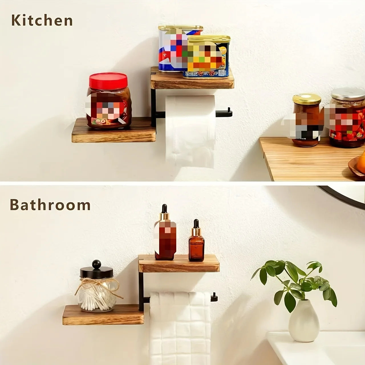 Wall-Mounted Wooden Toilet Paper Holder with Shelf – Bathroom Tissue Roll Dispenser