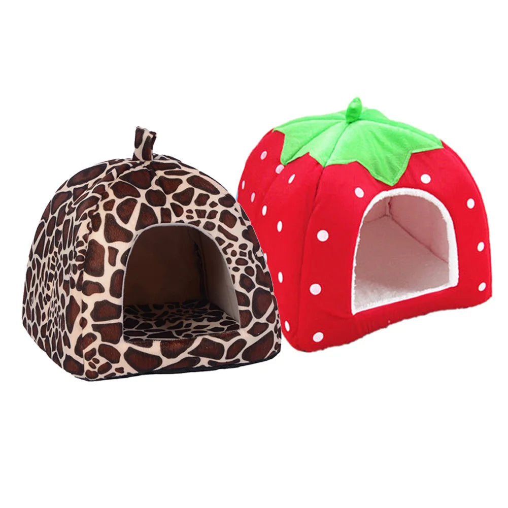 Strawberry Pet Cave Bed – Soft Fleece House for Cats & Small Dogs, S–XL