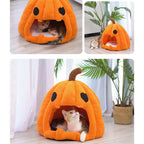 Pumpkin Cat Cave | Semi-Enclosed Pet Bed | Removable Cushion | Plush | Orange