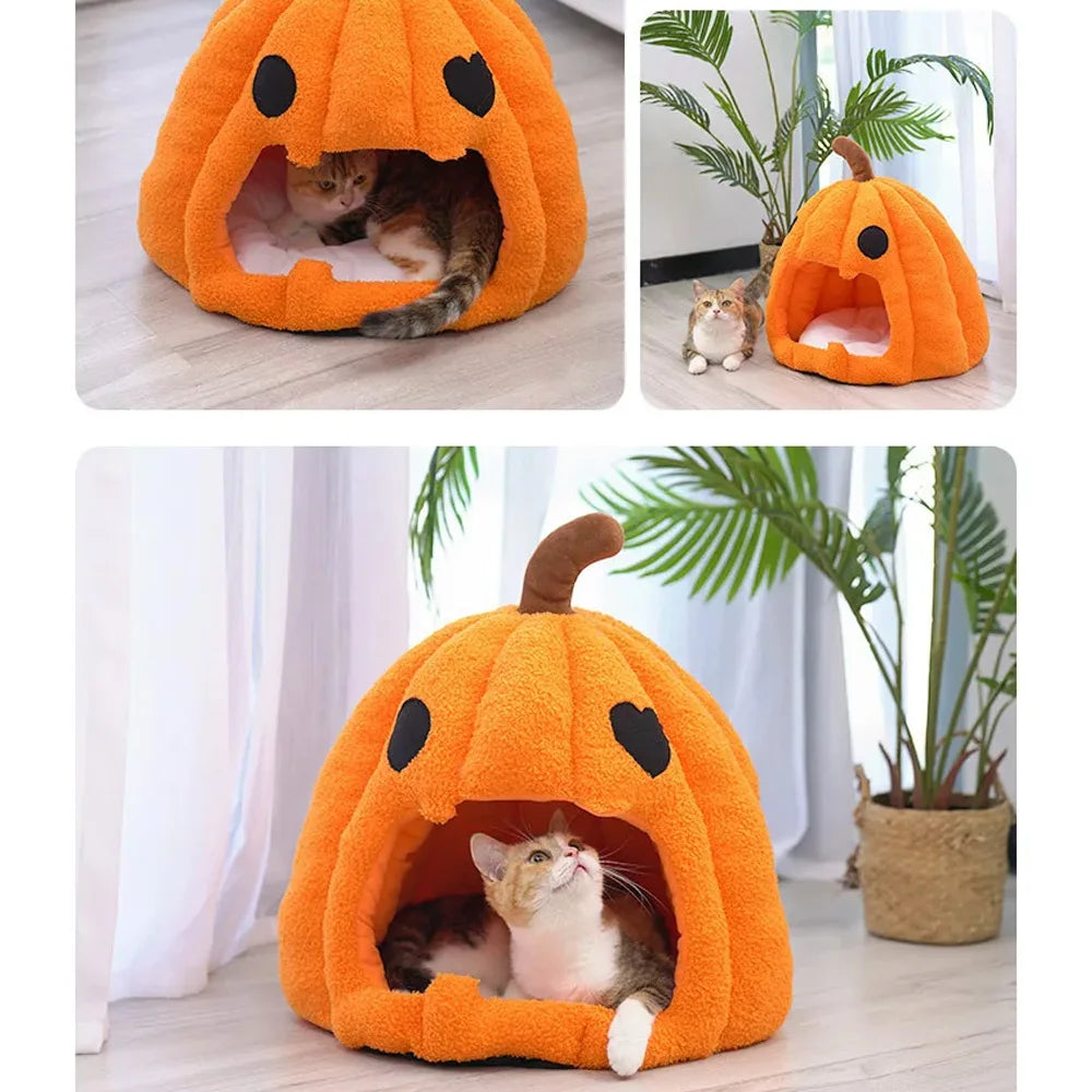 Pumpkin Cat Cave | Semi-Enclosed Pet Bed | Removable Cushion | Plush | Orange