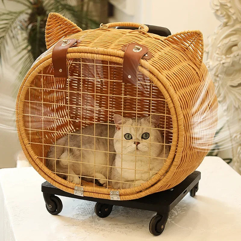 Handwoven Rattan Pet Trolley Carrier – Wheeled Tote Bag for Cats & Dogs, 2 Styles